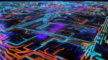Vibrant digital circuitry flows in an abstract composition, showcasing intricate lines and glowing colors, symbolizing technology and innovation. video