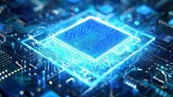 Close-up view of a glowing microchip on a blue circuit board, showcasing advanced technology and intricate design. video