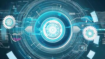 Futuristic technology interface featuring a glowing circular design with gears and digital data elements for advanced concepts. video