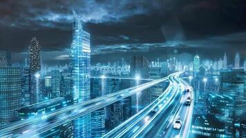 A dynamic night cityscape featuring illuminated highways and modern skyscrapers, showcasing a futuristic urban environment. video