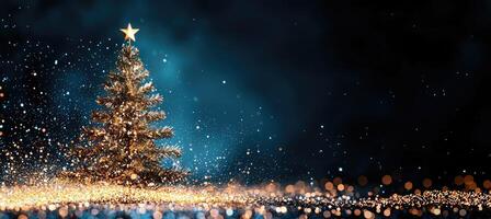 Illuminated Christmas Tree with Golden Ornaments and Star Top photo
