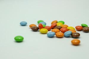 Close up view of colorful chocolate candy photo