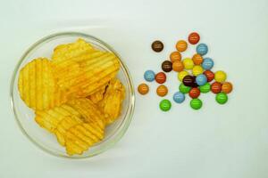 Chocolate candy and Potato Chips photo