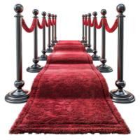 Red carpet event with silver stanchions and red velvet ropes isolated on transparent background, png