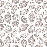 Seamless pattern with bakery food croissant, pretzel, roll and eclair. Hand drawn design for packaging, backgrounds, menu, cafe, restaurant. vector