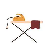 Ironing board with a plugged in iron and a brown cloth in flat style. Simple design is perfect for household themed graphic, tutorials, or cleaning products. vector