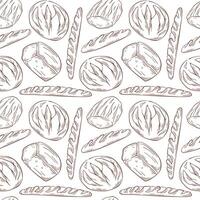 Seamless pattern with baguette and loaf bread in line art style. French bakery. Design for wallpaper, backdrop, background, cards and cafe food menu. vector