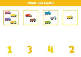 Counting game for kids. Count all colourful trucks and match with numbers. Worksheet for children. vector