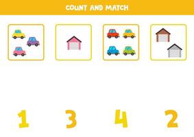 Counting game for kids. Count all cars and garages and match with numbers. Worksheet for children. vector