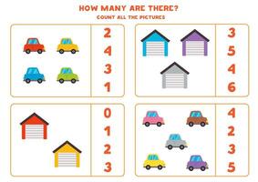 Count all colourful cars and garages and circle the correct answers. vector