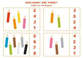 Count all coloured pencils and circle the correct answers. vector