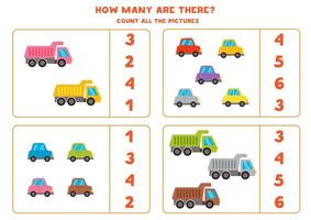 Count all colourful cars and trucks and circle the correct answers. vector