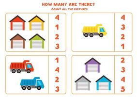 Count all colourful trucks and garages and circle the correct answers. vector