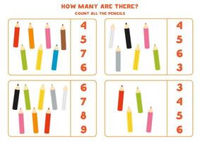 Count all coloured pencils and circle the correct answers. vector