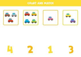 Counting game for kids. Count all colourful cars and match with numbers. Worksheet for children. vector