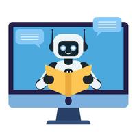 Robot reading a book on the computer monitor screen illustration isolated on transparent background vector