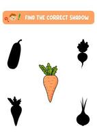 Find the correct shadow of the vegetable carrot. Teach children to identify it. vector