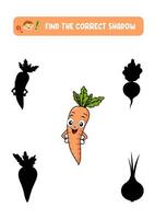 Find the correct shadow of a vegetable carrot. It's used to teach children about shapes. vector