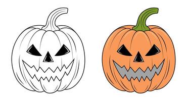 A set of contoured and colored pumpkins. Scary pumpkin for Halloween. Coloring book vector