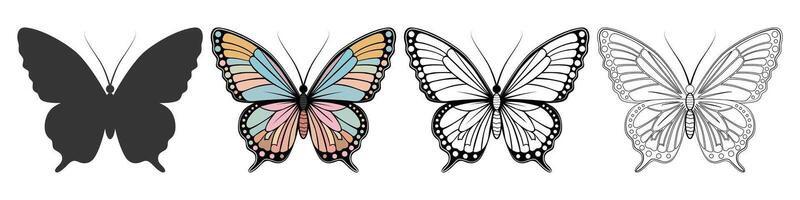 A set of butterflies, with a detailed and colorful image of one individual. vector