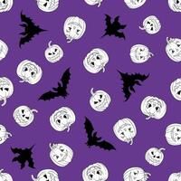 Seamless pattern with a white pumpkin and a bat silhouette on a purple background vector