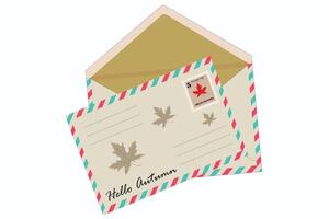 Autumn postcard and envelope. Minimalistic envelope design featuring fall leaves and seasonal greetings for autumn celebration. Autumn background, cover, sale banner, advertising, web. vector