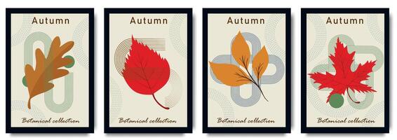 Elegant autumn poster collection featuring stylized leaves in minimalist design with modern geometric shapes. Design template for seasonal greetings and promotions, banner, ads, social media vector