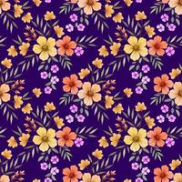blooming colorful flowers and leaf on purple color background seamless pattern. vector