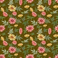 Cute colorful flowers on brown color background seamless pattern. vector