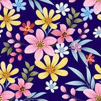 blooming colorful flowers and leaf on purple color background seamless pattern. vector