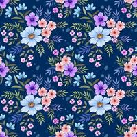 blooming colorful flowers and leaf on blue color background seamless pattern. vector