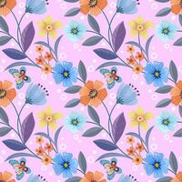 blooming flowers with leaf and butterfly seamless pattern. vector