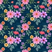 blooming colorful flowers and leaf on green color background seamless pattern. vector