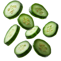 Falling cucumber pieces . Cucumber slices falling from the top for organic vegetable campaign full of vitamins. Cucumber slices flying . Cucumber pieces falling isolated png