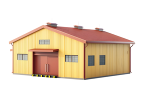 Yellow and red warehouse building with door. Isolated on transparent background png