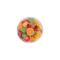 Photograph of colorful fruit pieces on a plate against a transparent surface png