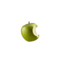 The image shows a green apple with a missing bite on a transparent background png