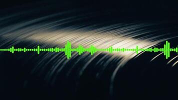 Waveform sound equalizer moving seamlessly in front of vinyl plate. Sound or music visualization, green screen audio spectrum video