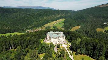 Aerial orbiting view of chateau Predna Hora in Slovakia in August 2024 video