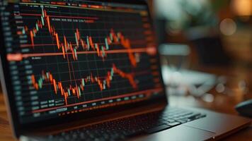 Laptop monitor stock price exchange graph broker finance growth ar ai trend algorithm investment portfolio drop price analysis profit buy sell cryptocurrency crypto business financial video