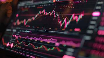 Stock price exchange monitor graph broker finance growth ar ai trend algorithm investment portfolio drop price analysis profit buy sell cryptocurrency crypto business financial glowing video