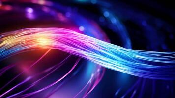 Colorful glowing optic fiber electrical cables wires neon lines abstract 3d ai design background pattern glow colored streams information optical connection internet web multicolor data video