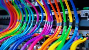 Colorful optic fiber electrical cables wires neon waves lines abstract 3d ai design background pattern glow colored streams information optical connection internet web multicolor data led video
