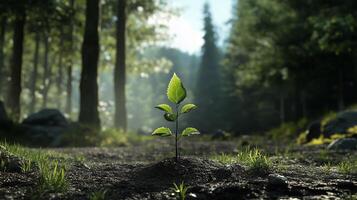 Young sapling growing amidst a clearing, representing new growth in a forest that was once deforested. Older, towering trees in the background photo