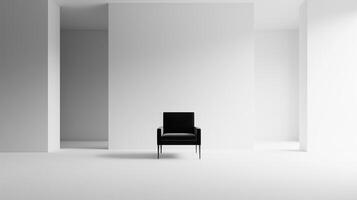A single black chair placed in the center of an all-white room. The room is empty except for the chair photo