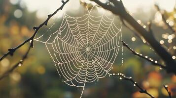 A close up of a dew-covered spiderweb in the early morning light. The image might focus on the intricate details of the web and the tiny droplets, highlighting photo