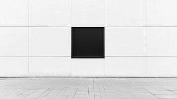 A photo of a white wall with a single black square window. The window is perfectly centered in the frame, and the wall is otherwise featureless.