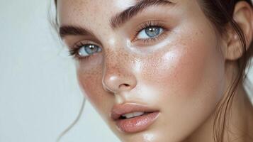 A model with natural, glowing skin and barely-there makeup, focusing on enhancing natural beauty rather than covering it up. photo