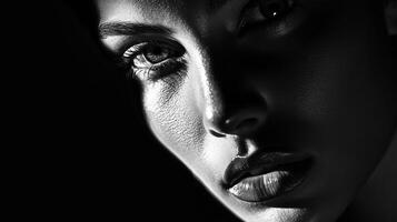 A black and white portrait of a woman with a deep, introspective expression. The lighting is dramatic, with shadows falling across the face. The background is dark photo