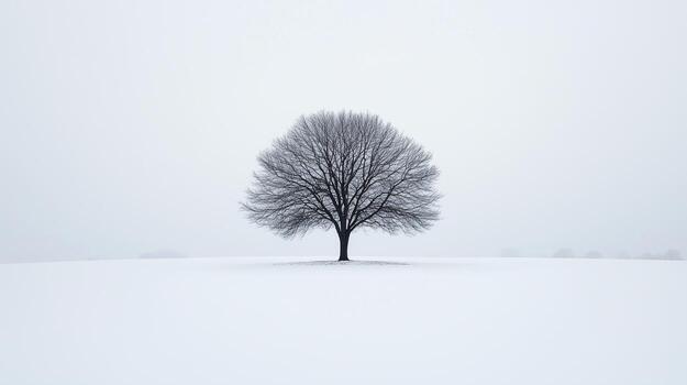 A lone tree standing in the middle of a vast, snow-covered field. The tree is the only element in the scene, creating a powerful sense of isolation and simplicity photo
